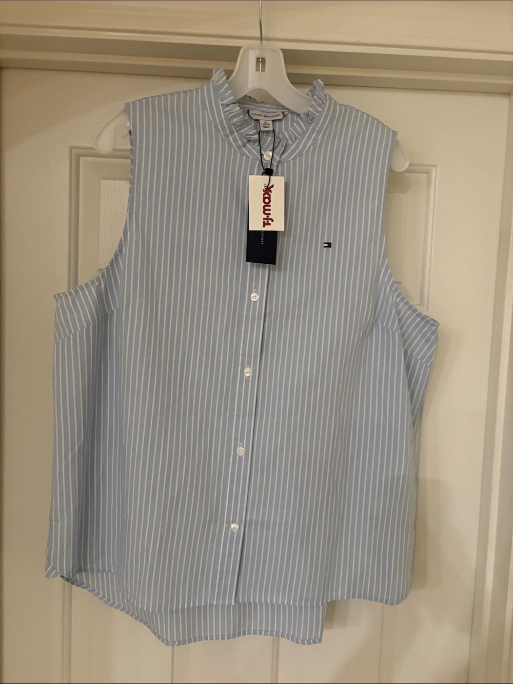 Tommy Hilfiger Light Blue and White Striped Sleeveless Button-Down Shirt